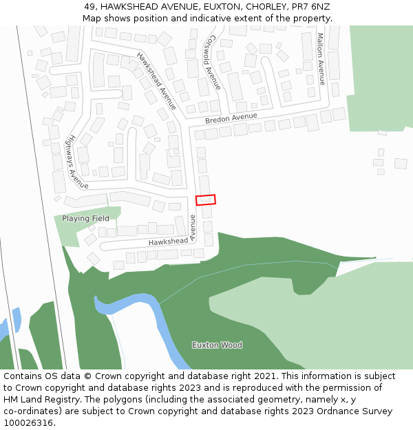 49, HAWKSHEAD AVENUE, EUXTON, CHORLEY, PR7 6NZ: Location map and indicative extent of plot