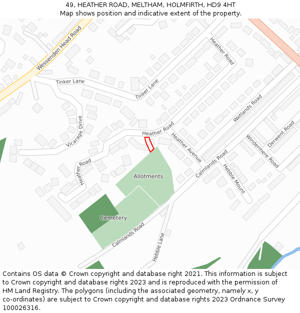 49, HEATHER ROAD, MELTHAM, HOLMFIRTH, HD9 4HT: Location map and indicative extent of plot