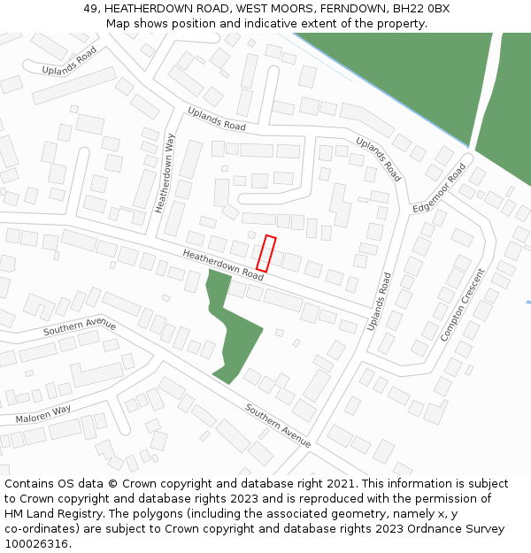 49, HEATHERDOWN ROAD, WEST MOORS, FERNDOWN, BH22 0BX: Location map and indicative extent of plot