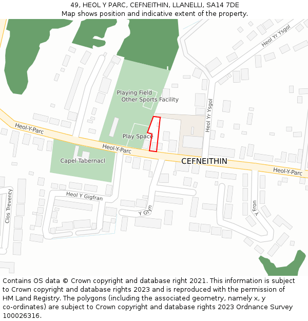 49, HEOL Y PARC, CEFNEITHIN, LLANELLI, SA14 7DE: Location map and indicative extent of plot