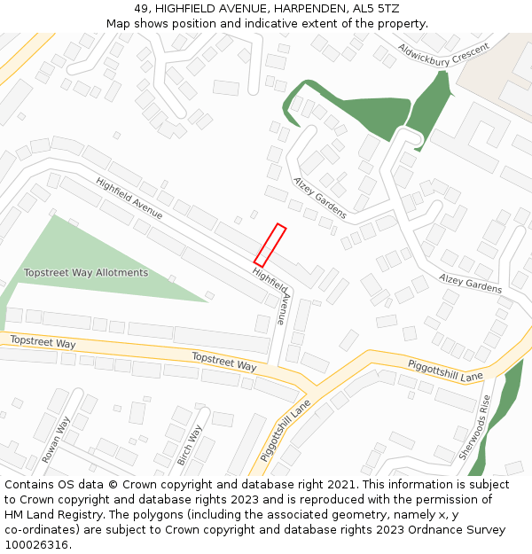 49, HIGHFIELD AVENUE, HARPENDEN, AL5 5TZ: Location map and indicative extent of plot