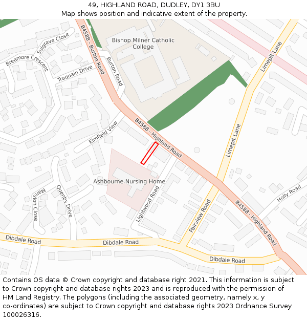 49, HIGHLAND ROAD, DUDLEY, DY1 3BU: Location map and indicative extent of plot