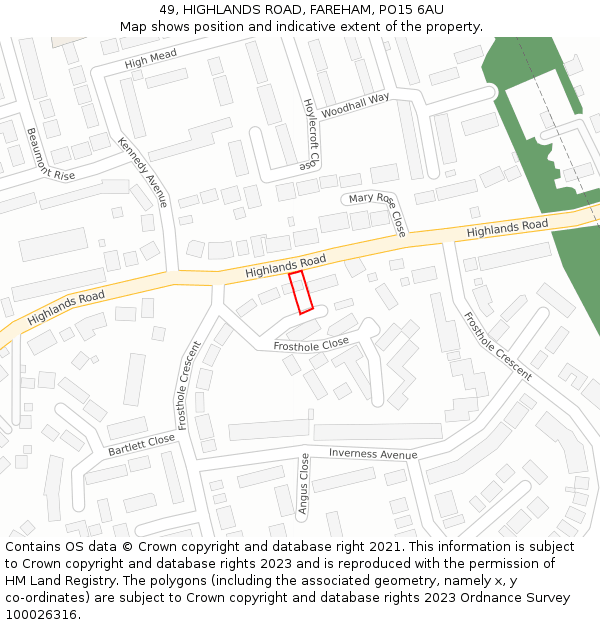 49, HIGHLANDS ROAD, FAREHAM, PO15 6AU: Location map and indicative extent of plot