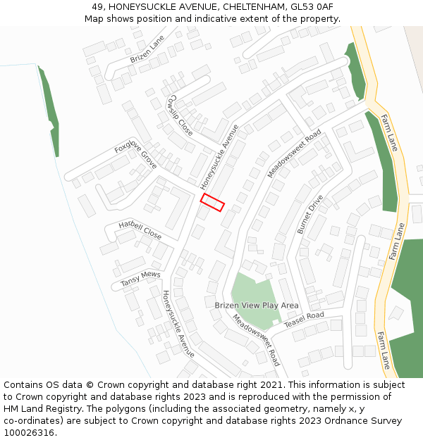 49, HONEYSUCKLE AVENUE, CHELTENHAM, GL53 0AF: Location map and indicative extent of plot