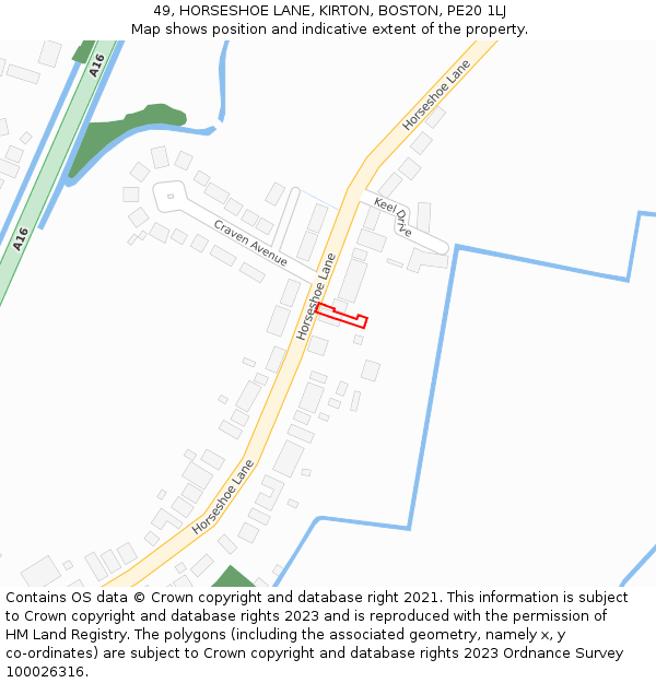 49, HORSESHOE LANE, KIRTON, BOSTON, PE20 1LJ: Location map and indicative extent of plot
