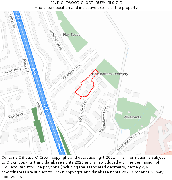 49, INGLEWOOD CLOSE, BURY, BL9 7LD: Location map and indicative extent of plot