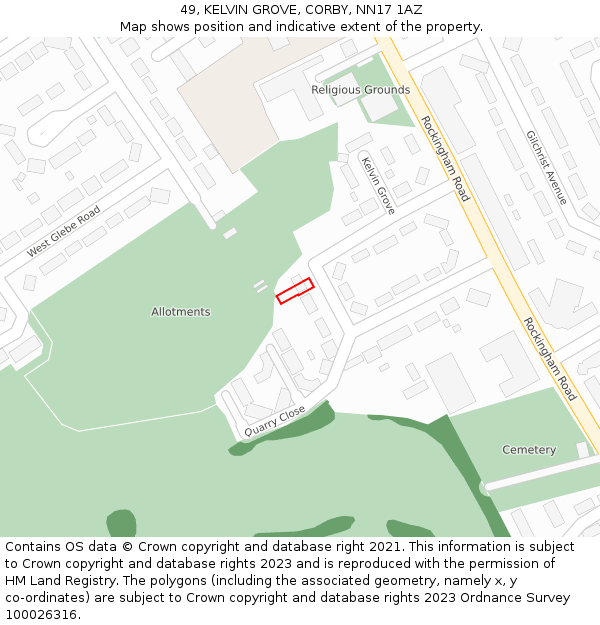 49, KELVIN GROVE, CORBY, NN17 1AZ: Location map and indicative extent of plot