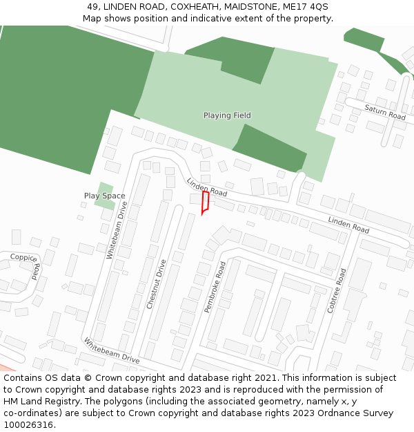 49, LINDEN ROAD, COXHEATH, MAIDSTONE, ME17 4QS: Location map and indicative extent of plot