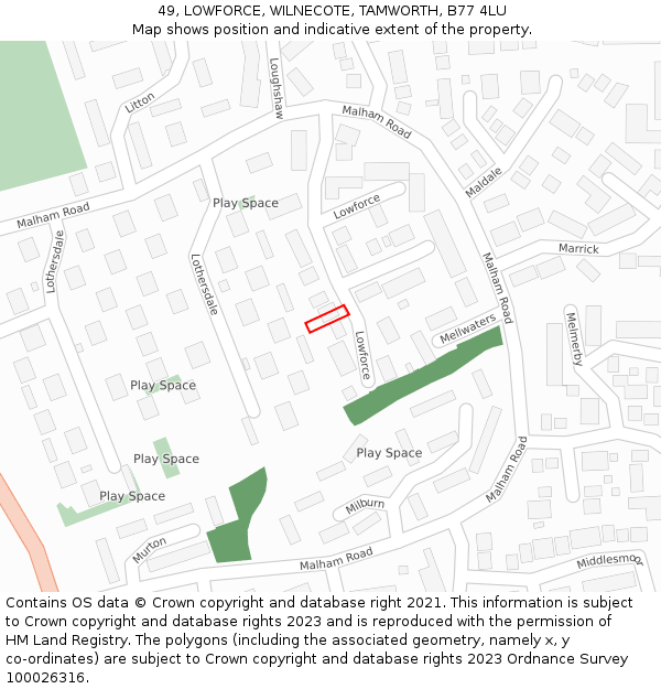 49, LOWFORCE, WILNECOTE, TAMWORTH, B77 4LU: Location map and indicative extent of plot