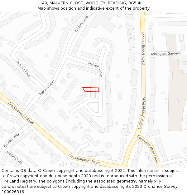 49, MALVERN CLOSE, WOODLEY, READING, RG5 4HL: Location map and indicative extent of plot