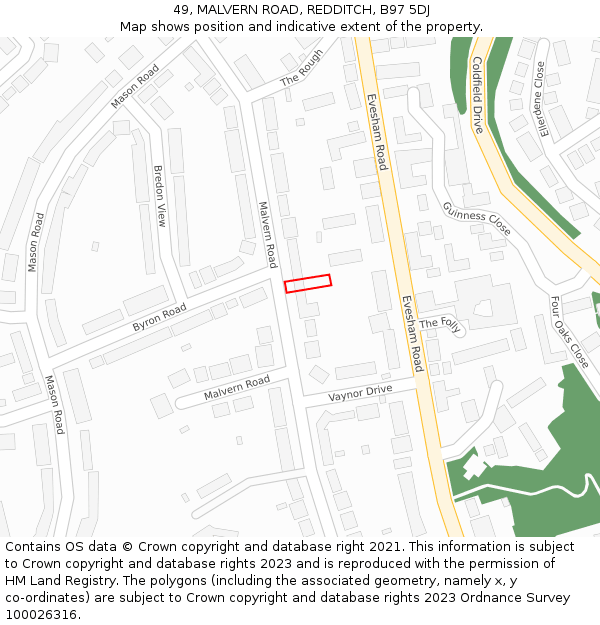 49, MALVERN ROAD, REDDITCH, B97 5DJ: Location map and indicative extent of plot