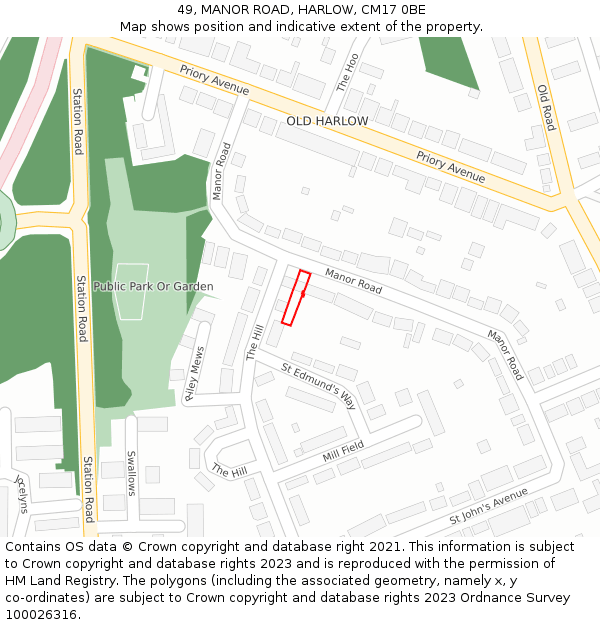 49, MANOR ROAD, HARLOW, CM17 0BE: Location map and indicative extent of plot