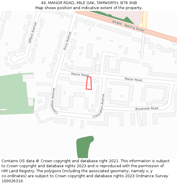 49, MANOR ROAD, MILE OAK, TAMWORTH, B78 3NB: Location map and indicative extent of plot