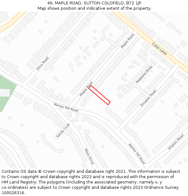 49, MAPLE ROAD, SUTTON COLDFIELD, B72 1JP: Location map and indicative extent of plot