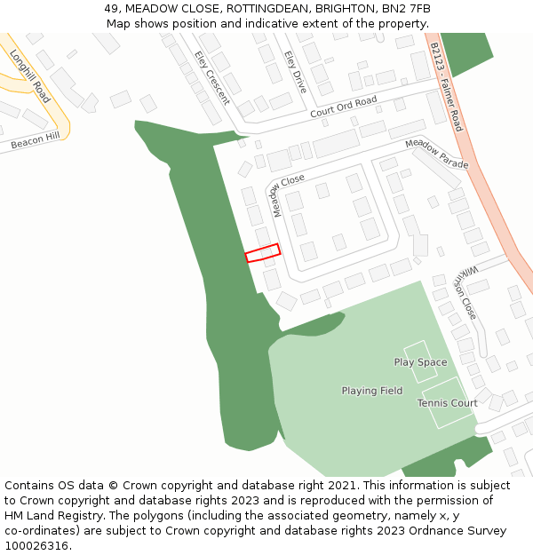 49, MEADOW CLOSE, ROTTINGDEAN, BRIGHTON, BN2 7FB: Location map and indicative extent of plot