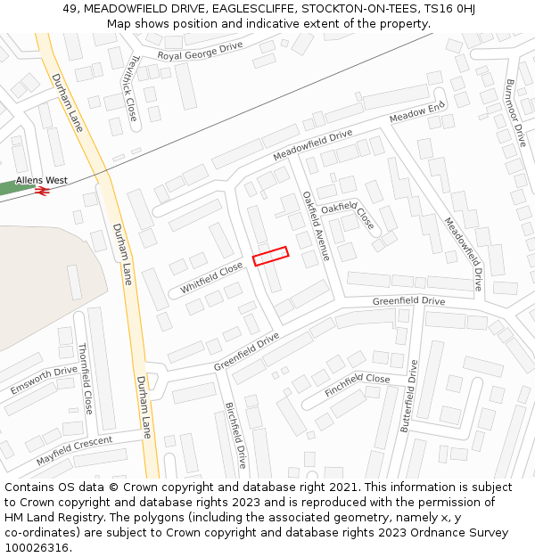 49, MEADOWFIELD DRIVE, EAGLESCLIFFE, STOCKTON-ON-TEES, TS16 0HJ: Location map and indicative extent of plot