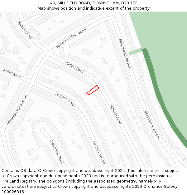 49, MILLFIELD ROAD, BIRMINGHAM, B20 1EF: Location map and indicative extent of plot