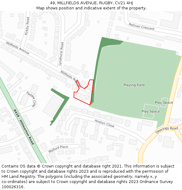 49, MILLFIELDS AVENUE, RUGBY, CV21 4HJ: Location map and indicative extent of plot