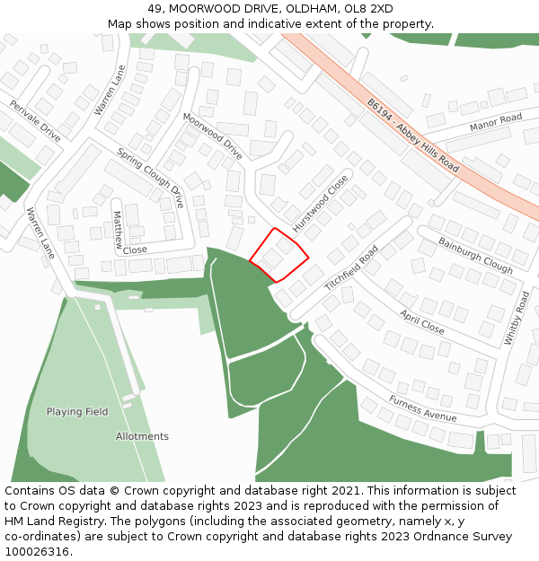 49, MOORWOOD DRIVE, OLDHAM, OL8 2XD: Location map and indicative extent of plot