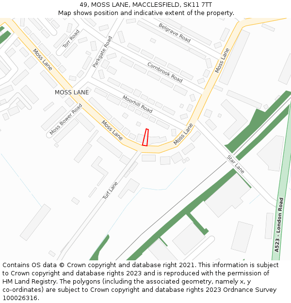 49, MOSS LANE, MACCLESFIELD, SK11 7TT: Location map and indicative extent of plot