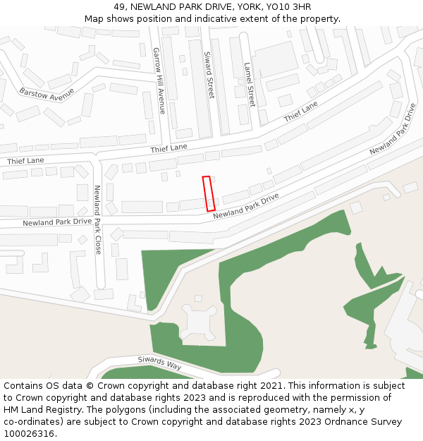 49, NEWLAND PARK DRIVE, YORK, YO10 3HR: Location map and indicative extent of plot