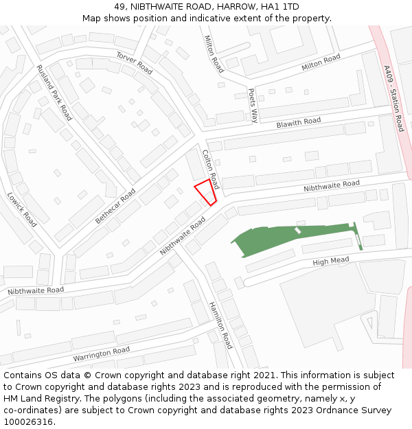 49, NIBTHWAITE ROAD, HARROW, HA1 1TD: Location map and indicative extent of plot