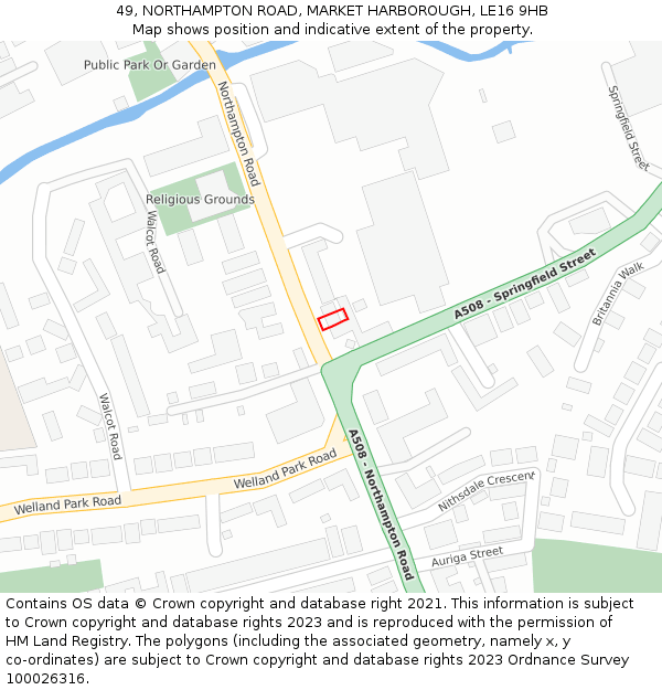 49, NORTHAMPTON ROAD, MARKET HARBOROUGH, LE16 9HB: Location map and indicative extent of plot