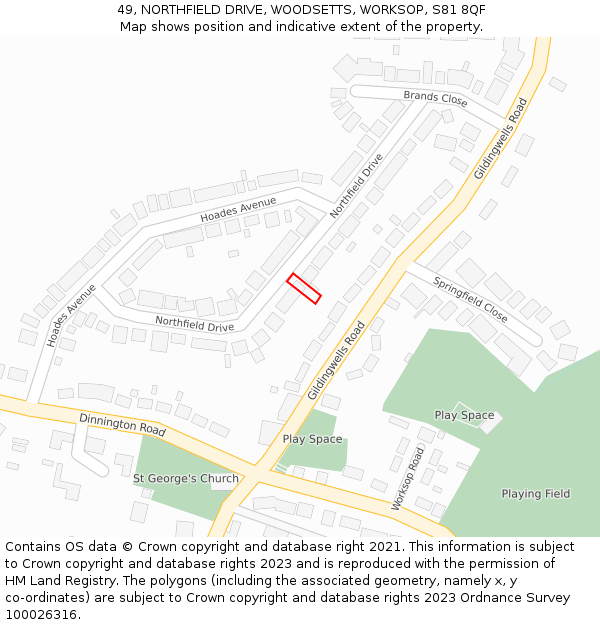 49, NORTHFIELD DRIVE, WOODSETTS, WORKSOP, S81 8QF: Location map and indicative extent of plot