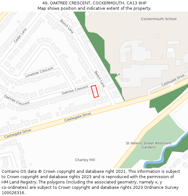 49, OAKTREE CRESCENT, COCKERMOUTH, CA13 9HP: Location map and indicative extent of plot