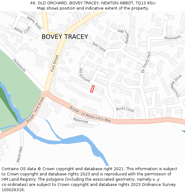 49, OLD ORCHARD, BOVEY TRACEY, NEWTON ABBOT, TQ13 9SU: Location map and indicative extent of plot