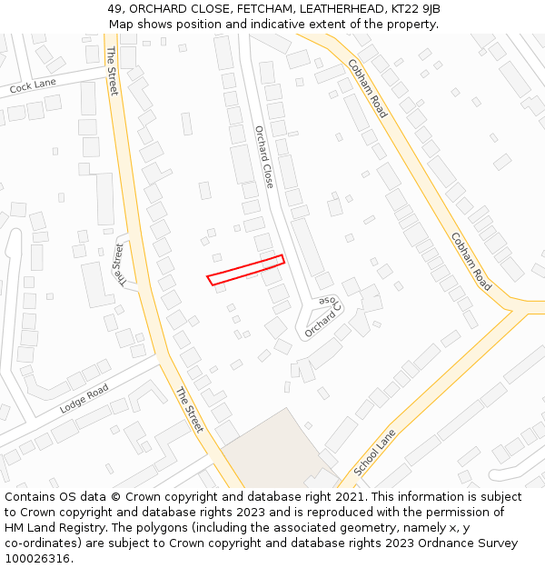 49, ORCHARD CLOSE, FETCHAM, LEATHERHEAD, KT22 9JB: Location map and indicative extent of plot