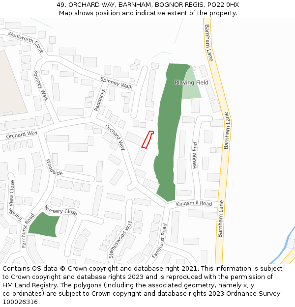 49, ORCHARD WAY, BARNHAM, BOGNOR REGIS, PO22 0HX: Location map and indicative extent of plot