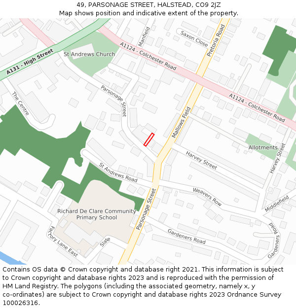 49, PARSONAGE STREET, HALSTEAD, CO9 2JZ: Location map and indicative extent of plot