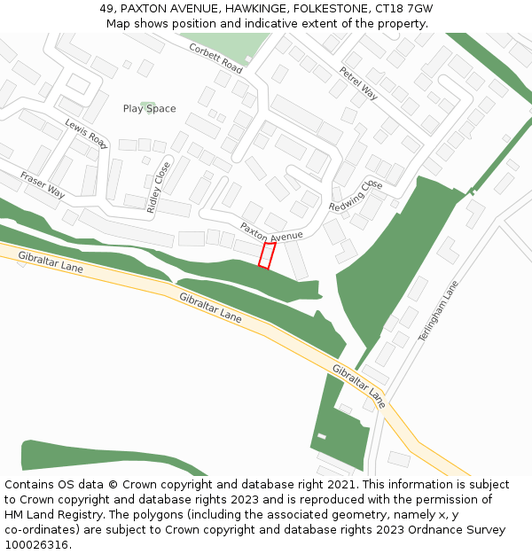 49, PAXTON AVENUE, HAWKINGE, FOLKESTONE, CT18 7GW: Location map and indicative extent of plot