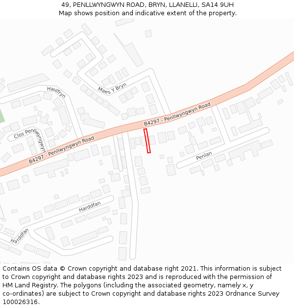 49, PENLLWYNGWYN ROAD, BRYN, LLANELLI, SA14 9UH: Location map and indicative extent of plot