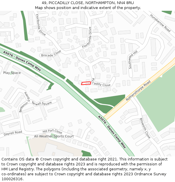 49, PICCADILLY CLOSE, NORTHAMPTON, NN4 8RU: Location map and indicative extent of plot