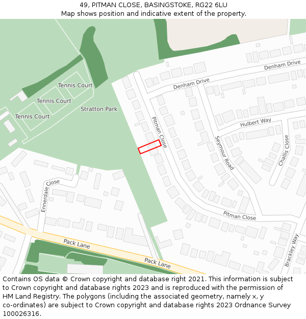 49, PITMAN CLOSE, BASINGSTOKE, RG22 6LU: Location map and indicative extent of plot