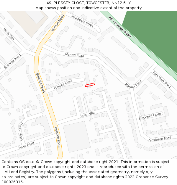 49, PLESSEY CLOSE, TOWCESTER, NN12 6HY: Location map and indicative extent of plot