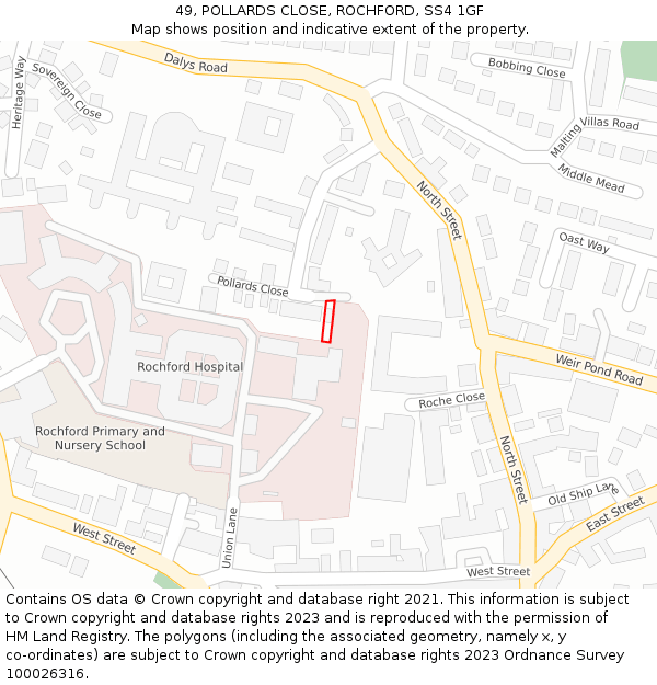 49, POLLARDS CLOSE, ROCHFORD, SS4 1GF: Location map and indicative extent of plot