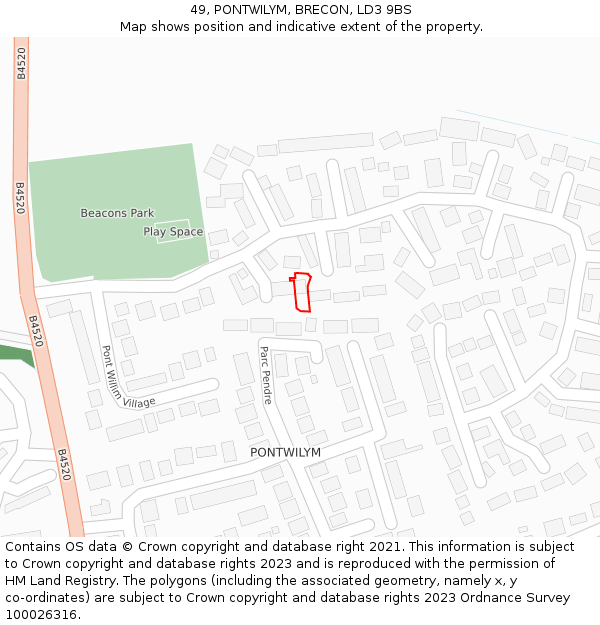 49, PONTWILYM, BRECON, LD3 9BS: Location map and indicative extent of plot
