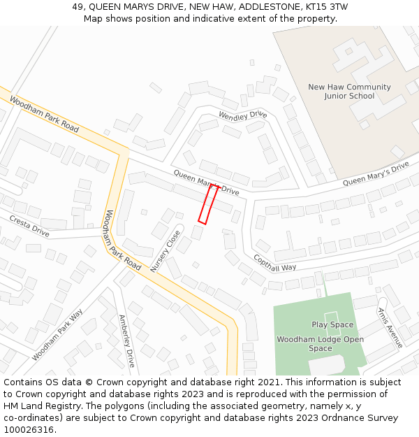 49, QUEEN MARYS DRIVE, NEW HAW, ADDLESTONE, KT15 3TW: Location map and indicative extent of plot