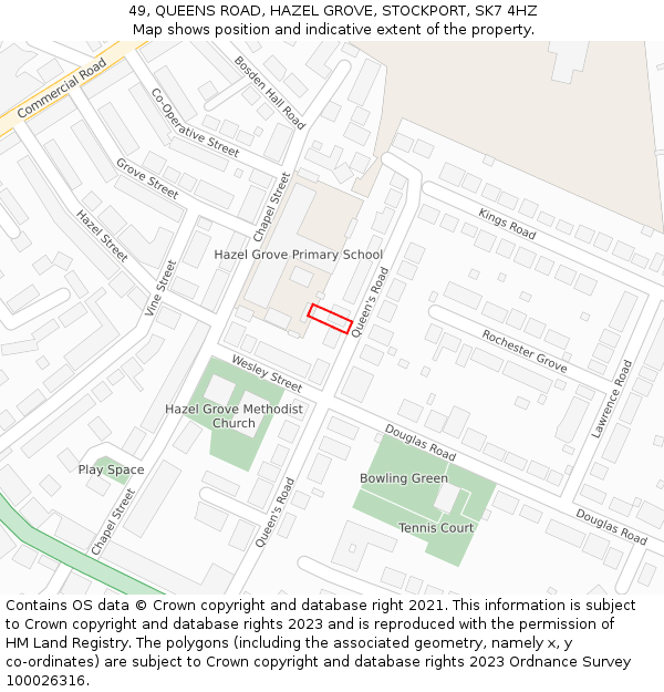 49, QUEENS ROAD, HAZEL GROVE, STOCKPORT, SK7 4HZ: Location map and indicative extent of plot