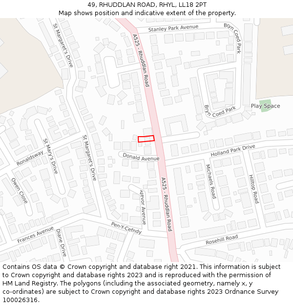 49, RHUDDLAN ROAD, RHYL, LL18 2PT: Location map and indicative extent of plot