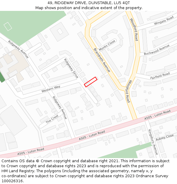 49, RIDGEWAY DRIVE, DUNSTABLE, LU5 4QT: Location map and indicative extent of plot