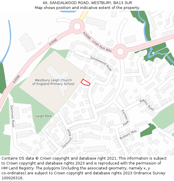 49, SANDALWOOD ROAD, WESTBURY, BA13 3UR: Location map and indicative extent of plot