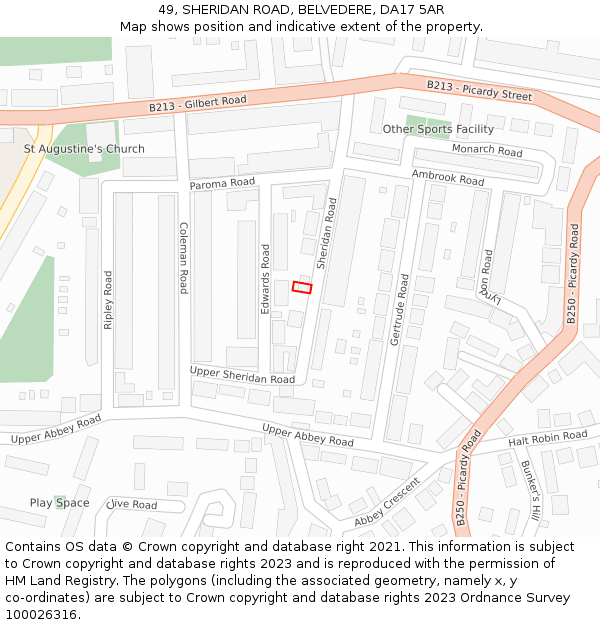 49, SHERIDAN ROAD, BELVEDERE, DA17 5AR: Location map and indicative extent of plot