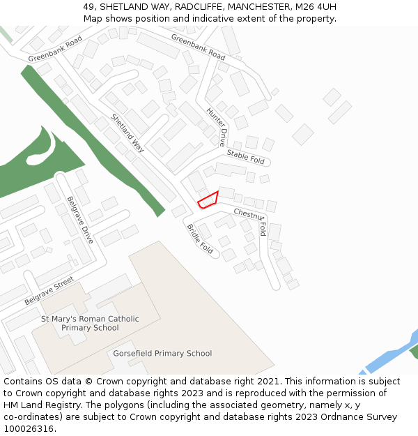 49, SHETLAND WAY, RADCLIFFE, MANCHESTER, M26 4UH: Location map and indicative extent of plot