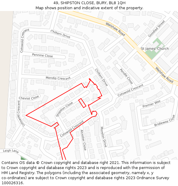 49, SHIPSTON CLOSE, BURY, BL8 1QH: Location map and indicative extent of plot
