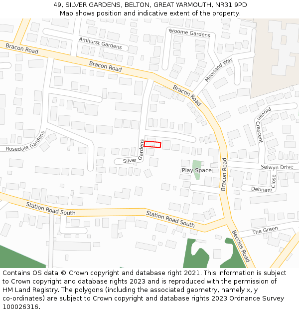 49, SILVER GARDENS, BELTON, GREAT YARMOUTH, NR31 9PD: Location map and indicative extent of plot