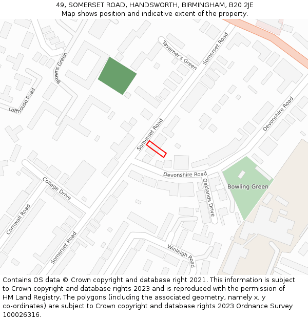 49, SOMERSET ROAD, HANDSWORTH, BIRMINGHAM, B20 2JE: Location map and indicative extent of plot